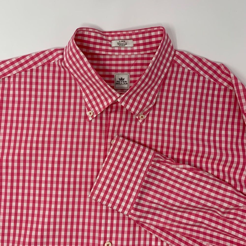 Peter‎ Millar Men's Shirt Size Large Pink Checked Button Down Long Sleeve